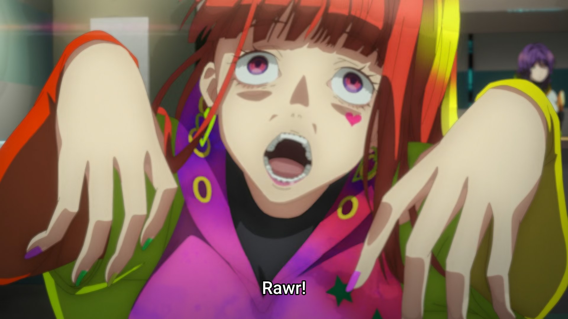 a close-up of the red haired SQ lunging at Yuri from their point of view, imitating a typical zombie, going gawr